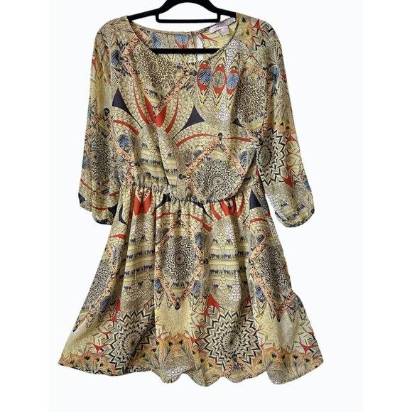 Love 21 Womens Lined Geometric Midi Dress Bohemian Babydoll Flowy Feminine Large - Picture 1 of 15